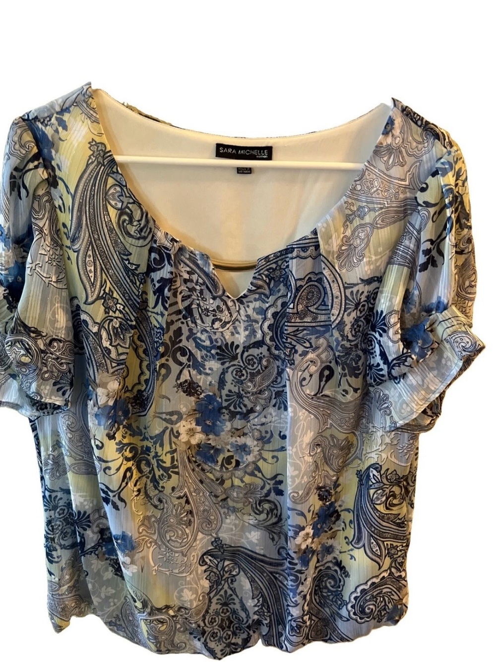 Sara Michelle Blue and Yellow Paisley Short Sleeve Blouse